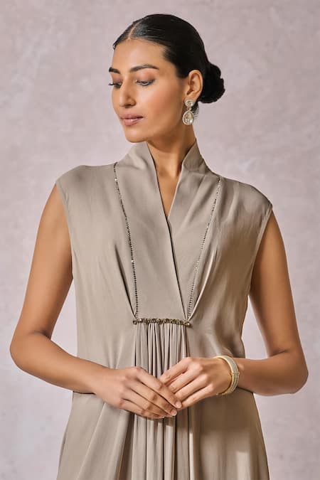 Buy_Tarun Tahiliani_Silver Georgette Crystals V-neck Swarovski Embroidered Draped Dress _Online_at_Aza_Fashions