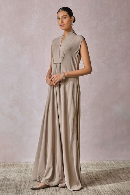 Shop_Tarun Tahiliani_Silver Georgette Crystals V-neck Swarovski Embroidered Draped Dress _Online_at_Aza_Fashions
