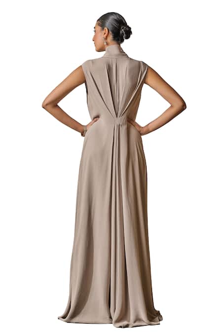 Tarun Tahiliani_Silver Georgette Crystals V-neck Swarovski Embroidered Draped Dress _at_Aza_Fashions
