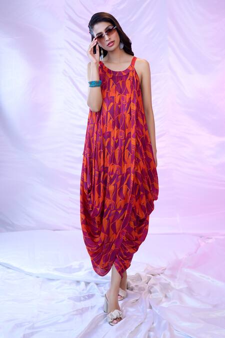 Buy Siarra Purple Satin, Chiffon, Silk Round Neck Leaf Print Draped Dress Online at Aza Fashions Buy_Siarra_Purple Satin, Chiffon, Silk Round Neck Leaf Print Draped Dress _Online_at_Aza_Fashions