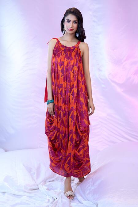 Shop Siarra Purple Satin, Chiffon, Silk Round Neck Leaf Print Draped Dress Online at Aza Fashions Shop_Siarra_Purple Satin, Chiffon, Silk Round Neck Leaf Print Draped Dress _Online_at_Aza_Fashions