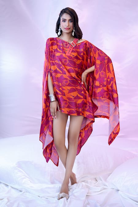 Siarra Purple Satin, Chiffon Asymmetric Leaf Print Dress at Aza Fashions Siarra_Purple Satin, Chiffon Asymmetric Leaf Print Dress _at_Aza_Fashions
