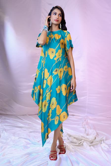 Buy_Siarra_Blue Satin, Georgette, Crepe Round Neck Asymmetric Flower Print Dress _Online_at_Aza_Fashions