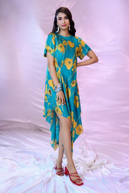 Shop_Siarra_Blue Satin, Georgette, Crepe Round Neck Asymmetric Flower Print Dress _Online_at_Aza_Fashions