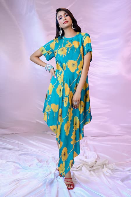 Siarra_Blue Satin, Georgette, Crepe Round Neck Asymmetric Flower Print Dress _at_Aza_Fashions