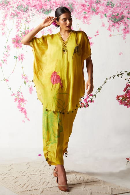 Basil Leaf Yellow Chinon Chiffon Printed Floral V Neck Kaftan And Pant Set 