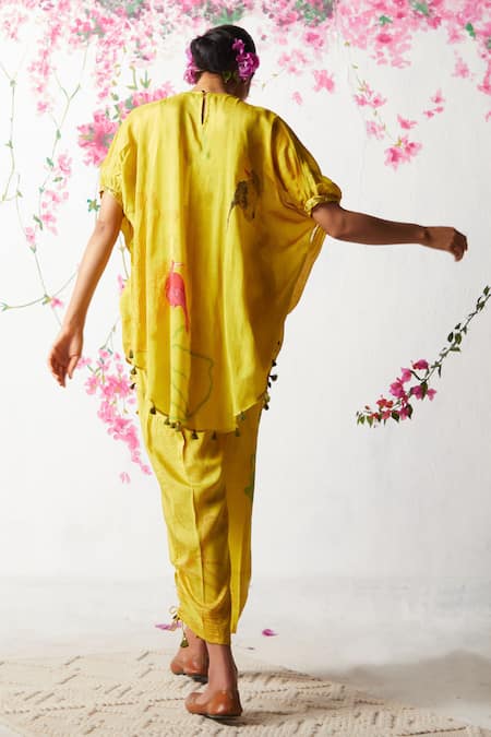 Shop Basil Leaf Yellow Chiffon Sequins V-neck Floral Print Kaftan And Pant Set at Aza Fashions Shop_Basil Leaf_Yellow Chiffon Sequins V-neck Floral Print Kaftan And Pant Set _at_Aza_Fashions
