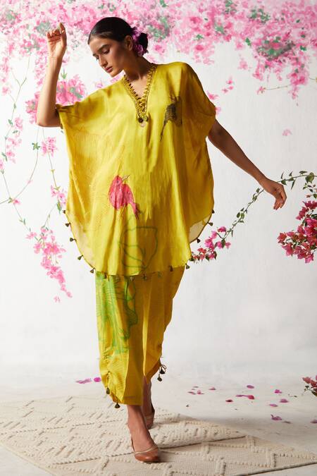 Basil Leaf Yellow Chiffon Sequins V-neck Floral Print Kaftan And Pant Set Online at Aza Fashions Basil Leaf_Yellow Chiffon Sequins V-neck Floral Print Kaftan And Pant Set _Online_at_Aza_Fashions
