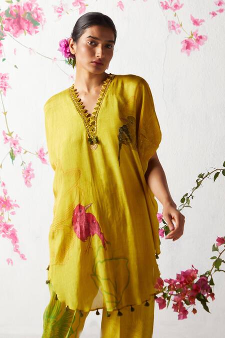 Shop Basil Leaf Yellow Chiffon Sequins V-neck Floral Print Kaftan And Pant Set Online at Aza Fashions Shop_Basil Leaf_Yellow Chiffon Sequins V-neck Floral Print Kaftan And Pant Set _Online_at_Aza_Fashions