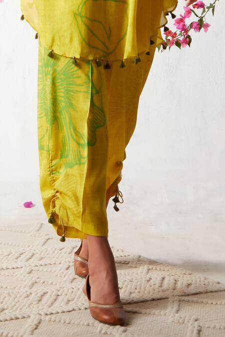 Basil Leaf Yellow Chiffon Sequins V-neck Floral Print Kaftan And Pant Set at Aza Fashions Basil Leaf_Yellow Chiffon Sequins V-neck Floral Print Kaftan And Pant Set _at_Aza_Fashions