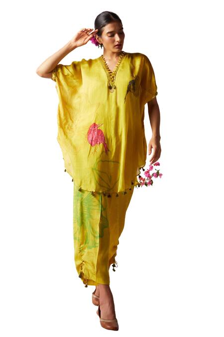 Buy Basil Leaf Yellow Chiffon Sequins V-neck Floral Print Kaftan And Pant Set Buy_Basil Leaf_Yellow Chiffon Sequins V-neck Floral Print Kaftan And Pant Set