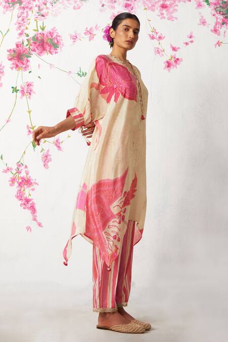 Basil Leaf_Beige Crepe Sequins, Embroidery V-neck Floral Pattern Kurta And Pant Set_Online_at_Aza_Fashions