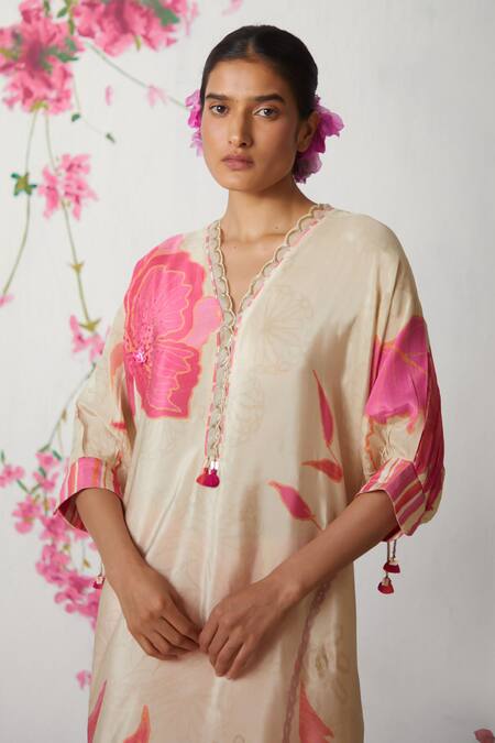 Shop_Basil Leaf_Beige Crepe Sequins, Embroidery V-neck Floral Pattern Kurta And Pant Set_Online_at_Aza_Fashions
