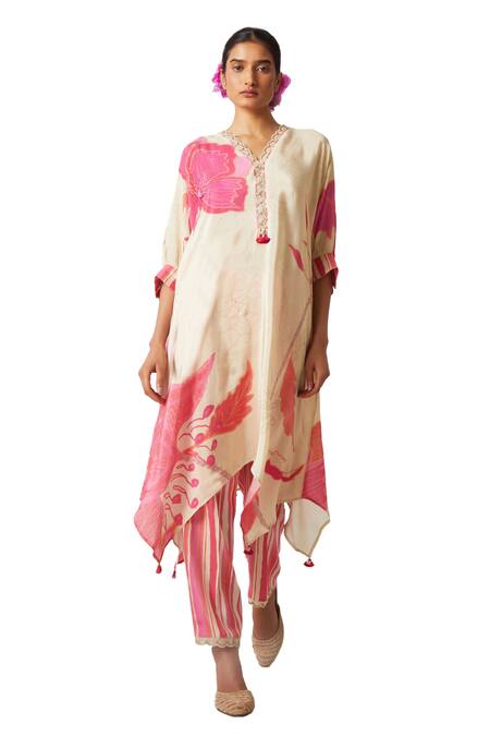 Buy_Basil Leaf_Beige Crepe Sequins, Embroidery V-neck Floral Pattern Kurta And Pant Set