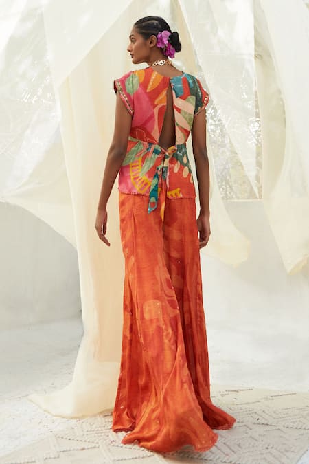 Shop Basil Leaf Orange Chiffon Embroidery, Sequins V-neck Floral Pattern Kurta And Flared Pant Set at Aza Fashions Shop_Basil Leaf_Orange Chiffon Embroidery, Sequins V-neck Floral Pattern Kurta And Flared Pant Set _at_Aza_Fashions