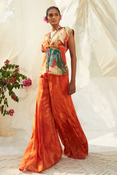 Basil Leaf Orange Chiffon Embroidery, Sequins V-neck Floral Pattern Kurta And Flared Pant Set Online at Aza Fashions Basil Leaf_Orange Chiffon Embroidery, Sequins V-neck Floral Pattern Kurta And Flared Pant Set _Online_at_Aza_Fashions