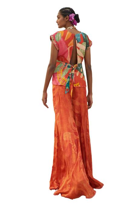 Buy Basil Leaf Orange Chiffon Embroidery, Sequins V-neck Floral Pattern Kurta And Flared Pant Set Online at Aza Fashions Buy_Basil Leaf_Orange Chiffon Embroidery, Sequins V-neck Floral Pattern Kurta And Flared Pant Set _Online_at_Aza_Fashions