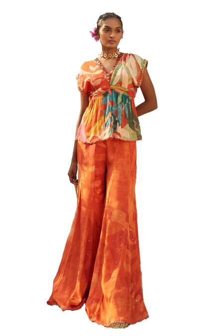Shop Basil Leaf Orange Chiffon Embroidery, Sequins V-neck Floral Pattern Kurta And Flared Pant Set Online at Aza Fashions Shop_Basil Leaf_Orange Chiffon Embroidery, Sequins V-neck Floral Pattern Kurta And Flared Pant Set _Online_at_Aza_Fashions
