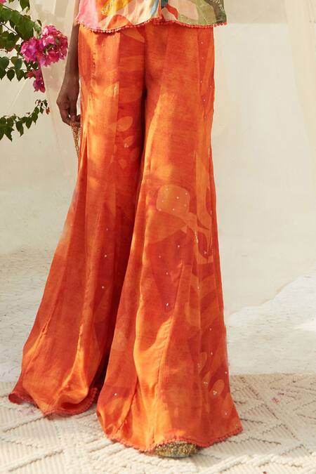 Basil Leaf Orange Chiffon Embroidery, Sequins V-neck Floral Pattern Kurta And Flared Pant Set at Aza Fashions Basil Leaf_Orange Chiffon Embroidery, Sequins V-neck Floral Pattern Kurta And Flared Pant Set _at_Aza_Fashions
