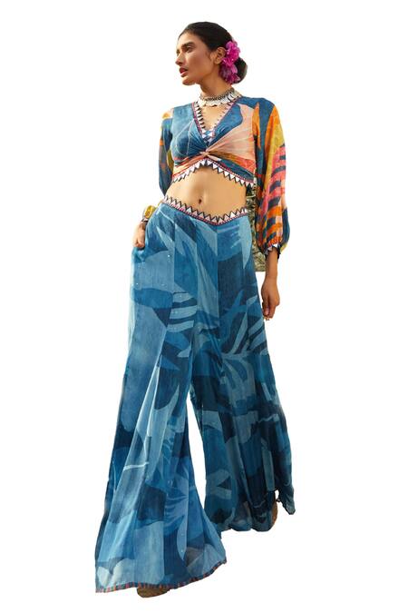 Shop_Basil Leaf_Blue Chiffon Sequins, Embroidery V-neck Printed Kurta And Flared Pant Set_Online_at_Aza_Fashions