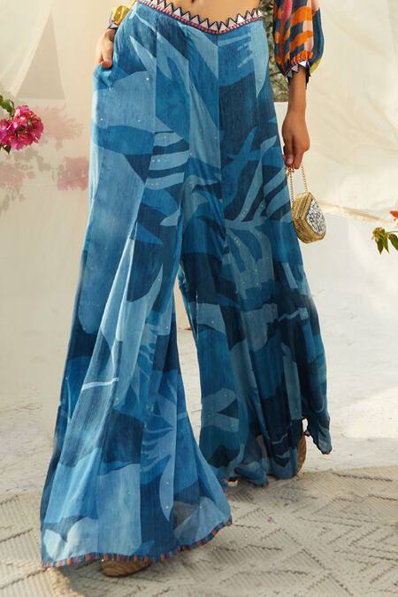 Basil Leaf_Blue Chiffon Sequins, Embroidery V-neck Printed Kurta And Flared Pant Set_at_Aza_Fashions