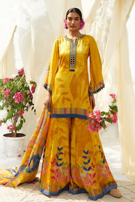 Basil Leaf Yellow Kurta And Sharara Gajji Satin Printed Floral V Neck Pattern Set