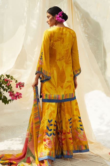 Shop Basil Leaf Yellow Organza, Gingham Sequins, Embroidery Floral Pattern Kurta Sharara Set at Aza Fashions Shop_Basil Leaf_Yellow Organza, Gingham Sequins, Embroidery Floral Pattern Kurta Sharara Set _at_Aza_Fashions