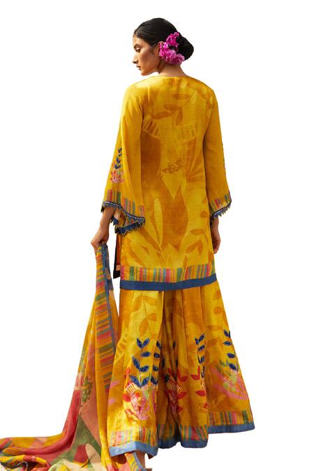 Shop Basil Leaf Yellow Organza, Gingham Sequins, Embroidery Floral Pattern Kurta Sharara Set Online at Aza Fashions Shop_Basil Leaf_Yellow Organza, Gingham Sequins, Embroidery Floral Pattern Kurta Sharara Set _Online_at_Aza_Fashions