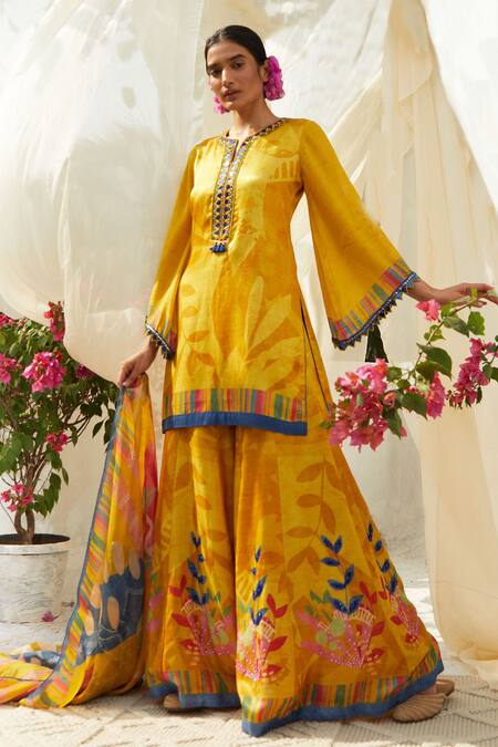 Basil Leaf Yellow Organza, Gingham Sequins, Embroidery Floral Pattern Kurta Sharara Set at Aza Fashions Basil Leaf_Yellow Organza, Gingham Sequins, Embroidery Floral Pattern Kurta Sharara Set _at_Aza_Fashions