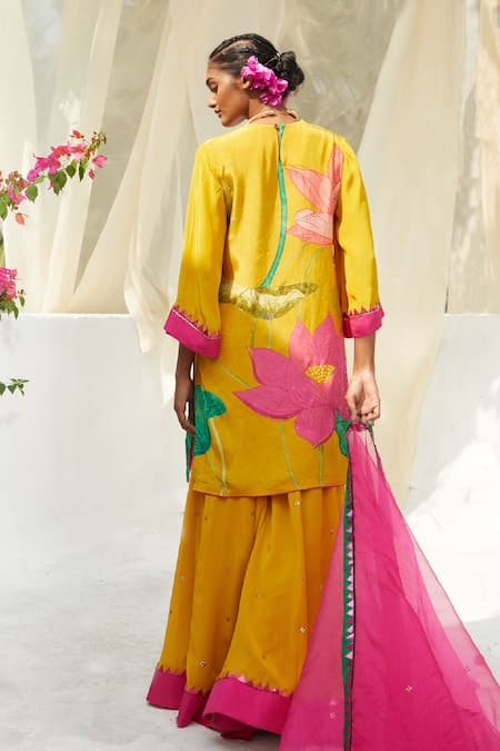 Shop Basil Leaf Yellow Chiffon, Organza Sequins, Embroidery V-neck Printed Kurta Sharara Set at Aza Fashions Shop_Basil Leaf_Yellow Chiffon, Organza Sequins, Embroidery V-neck Printed Kurta Sharara Set _at_Aza_Fashions