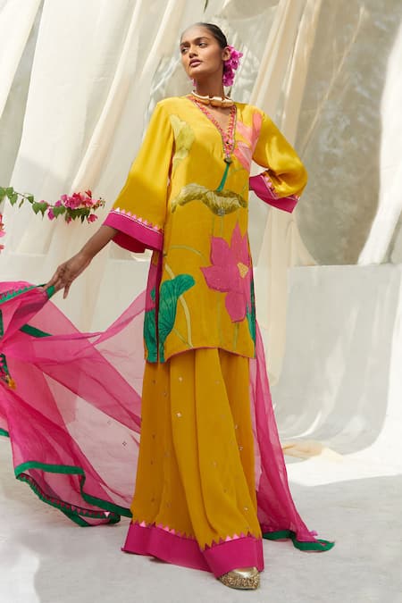 Basil Leaf Yellow Chiffon, Organza Sequins, Embroidery V-neck Printed Kurta Sharara Set Online at Aza Fashions Basil Leaf_Yellow Chiffon, Organza Sequins, Embroidery V-neck Printed Kurta Sharara Set _Online_at_Aza_Fashions
