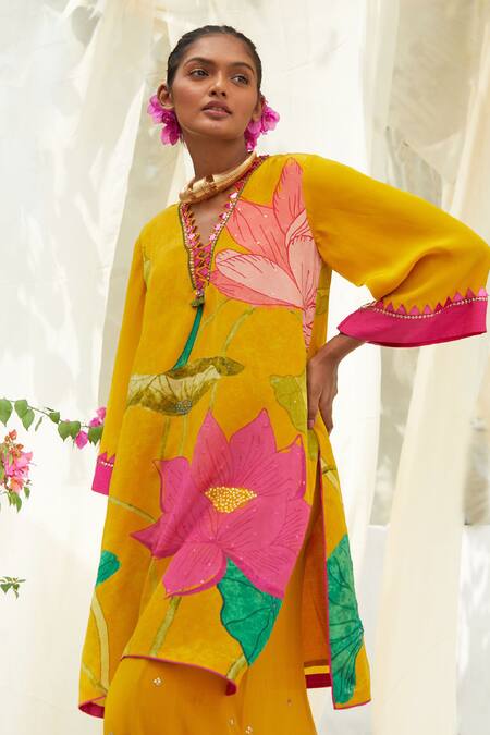 Buy Basil Leaf Yellow Chiffon, Organza Sequins, Embroidery V-neck Printed Kurta Sharara Set Online at Aza Fashions Buy_Basil Leaf_Yellow Chiffon, Organza Sequins, Embroidery V-neck Printed Kurta Sharara Set _Online_at_Aza_Fashions