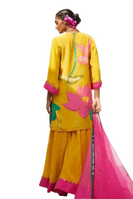 Shop Basil Leaf Yellow Chiffon, Organza Sequins, Embroidery V-neck Printed Kurta Sharara Set Online at Aza Fashions Shop_Basil Leaf_Yellow Chiffon, Organza Sequins, Embroidery V-neck Printed Kurta Sharara Set _Online_at_Aza_Fashions