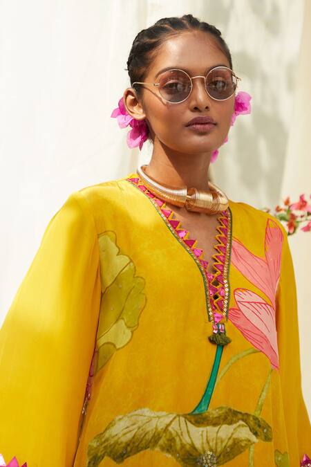 Basil Leaf Yellow Chiffon, Organza Sequins, Embroidery V-neck Printed Kurta Sharara Set at Aza Fashions Basil Leaf_Yellow Chiffon, Organza Sequins, Embroidery V-neck Printed Kurta Sharara Set _at_Aza_Fashions