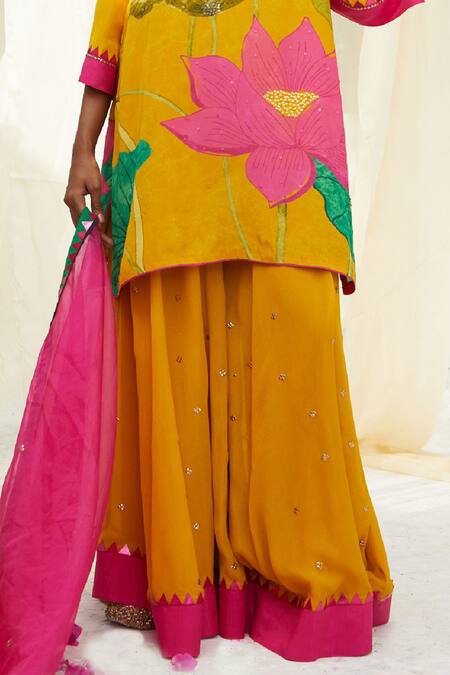 Buy Basil Leaf Yellow Chiffon, Organza Sequins, Embroidery V-neck Printed Kurta Sharara Set Buy_Basil Leaf_Yellow Chiffon, Organza Sequins, Embroidery V-neck Printed Kurta Sharara Set