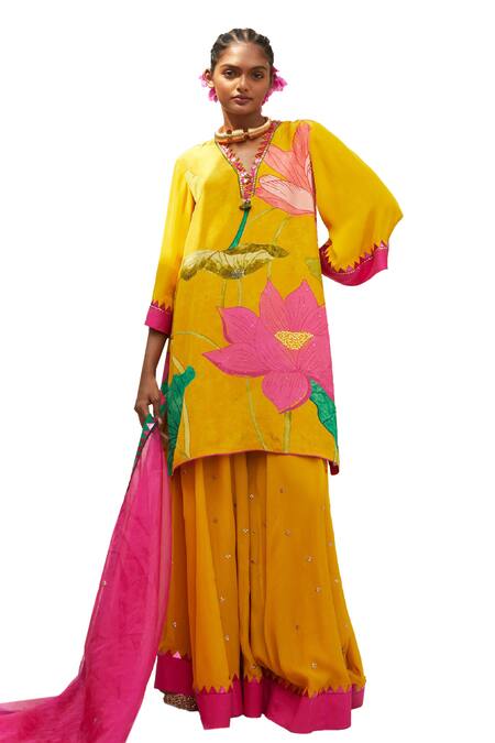 Shop Basil Leaf Yellow Chiffon, Organza Sequins, Embroidery V-neck Printed Kurta Sharara Set Shop_Basil Leaf_Yellow Chiffon, Organza Sequins, Embroidery V-neck Printed Kurta Sharara Set