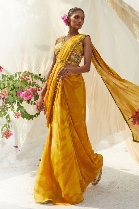 Buy_Basil Leaf_Yellow Chiffon Sequins, Embroidery V-neck Floral Print Pre-draped Saree Set _at_Aza_Fashions