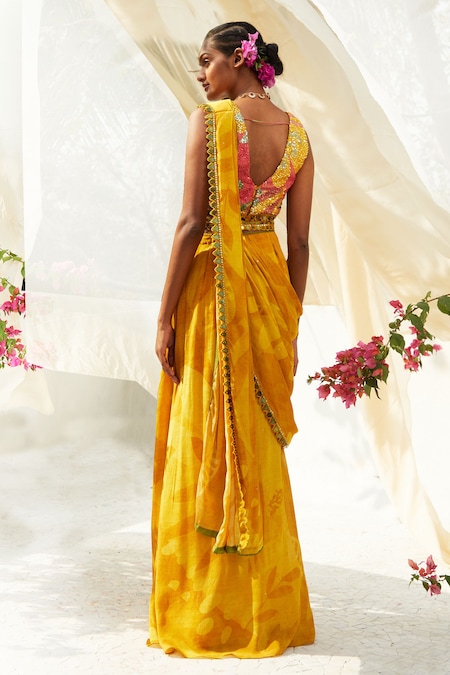 Shop_Basil Leaf_Yellow Chiffon Sequins, Embroidery V-neck Floral Print Pre-draped Saree Set _at_Aza_Fashions