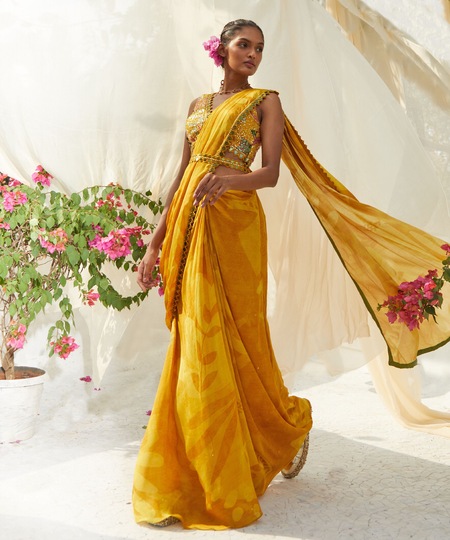 Basil Leaf Yellow Chiffon Sequins, Embroidery V-neck Floral Print Pre-draped Saree Set Online at Aza Fashions Basil Leaf_Yellow Chiffon Sequins, Embroidery V-neck Floral Print Pre-draped Saree Set _Online_at_Aza_Fashions