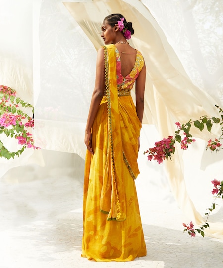 Buy Basil Leaf Yellow Chiffon Sequins, Embroidery V-neck Floral Print Pre-draped Saree Set Online at Aza Fashions Buy_Basil Leaf_Yellow Chiffon Sequins, Embroidery V-neck Floral Print Pre-draped Saree Set _Online_at_Aza_Fashions
