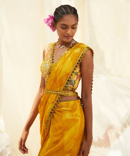 Shop Basil Leaf Yellow Chiffon Sequins, Embroidery V-neck Floral Print Pre-draped Saree Set Online at Aza Fashions Shop_Basil Leaf_Yellow Chiffon Sequins, Embroidery V-neck Floral Print Pre-draped Saree Set _Online_at_Aza_Fashions
