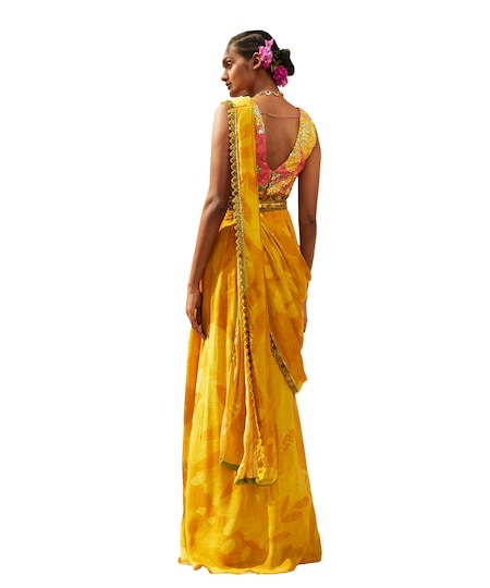 Basil Leaf Yellow Chiffon Sequins, Embroidery V-neck Floral Print Pre-draped Saree Set at Aza Fashions Basil Leaf_Yellow Chiffon Sequins, Embroidery V-neck Floral Print Pre-draped Saree Set _at_Aza_Fashions