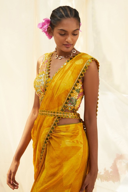 Buy Basil Leaf Yellow Chiffon Sequins, Embroidery V-neck Floral Print Pre-draped Saree Set Buy_Basil Leaf_Yellow Chiffon Sequins, Embroidery V-neck Floral Print Pre-draped Saree Set