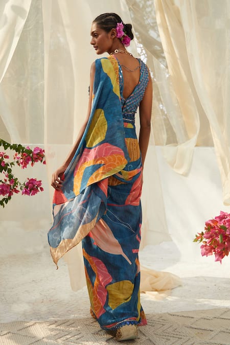 Shop Basil Leaf Blue Chiffon Sequins, Embroidery V-neck Floral Pattern Pre-draped Saree Set at Aza Fashions Shop_Basil Leaf_Blue Chiffon Sequins, Embroidery V-neck Floral Pattern Pre-draped Saree Set _at_Aza_Fashions