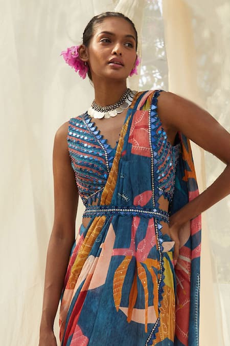 Basil Leaf Blue Chiffon Sequins, Embroidery V-neck Floral Pattern Pre-draped Saree Set Online at Aza Fashions Basil Leaf_Blue Chiffon Sequins, Embroidery V-neck Floral Pattern Pre-draped Saree Set _Online_at_Aza_Fashions