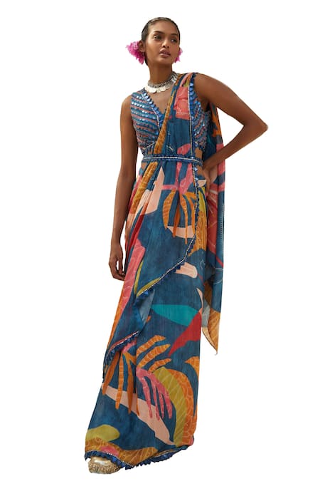 Buy Basil Leaf Blue Chiffon Sequins, Embroidery V-neck Floral Pattern Pre-draped Saree Set Online at Aza Fashions Buy_Basil Leaf_Blue Chiffon Sequins, Embroidery V-neck Floral Pattern Pre-draped Saree Set _Online_at_Aza_Fashions