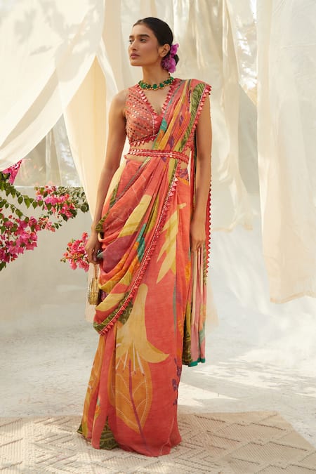 Basil Leaf Printed Pre-Draped Saree Set 