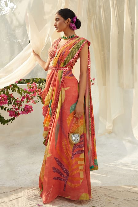 Basil Leaf_Peach Chiffon Sequins, Embroidery V-neck Printed Pre-draped Saree Set _Online_at_Aza_Fashions