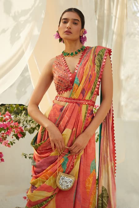 Buy_Basil Leaf_Peach Chiffon Sequins, Embroidery V-neck Printed Pre-draped Saree Set _Online_at_Aza_Fashions