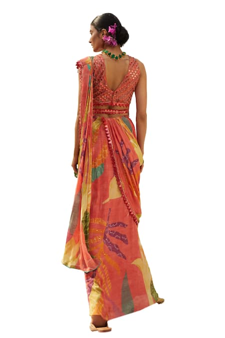 Shop_Basil Leaf_Peach Chiffon Sequins, Embroidery V-neck Printed Pre-draped Saree Set _Online_at_Aza_Fashions